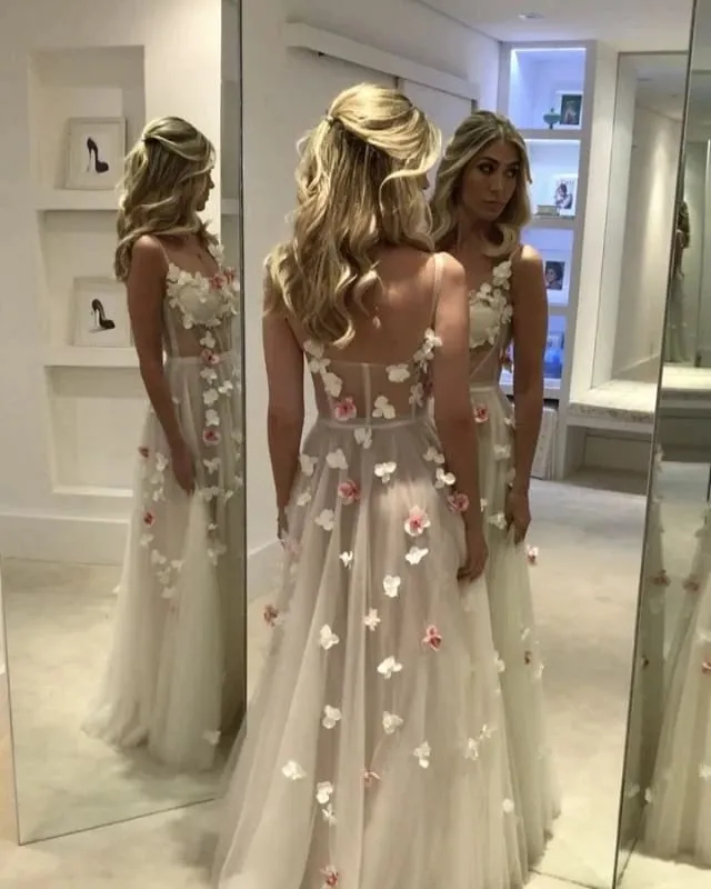 3D Floral Sexy Prom Dresses See Through Evening Dresses