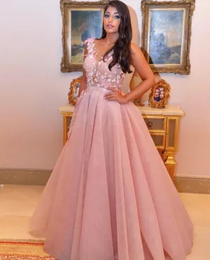 3D Flowers Long Pink Prom Dress Straps Backless Evening Dresses