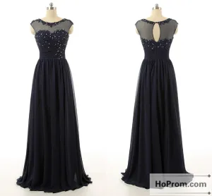 A-Line Black Chiffon Beading Prom Dresses Evening Dresses