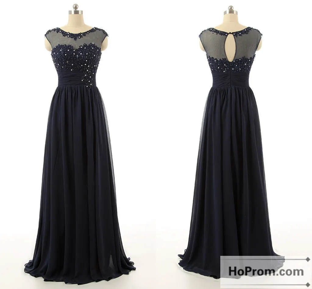 A-Line Black Chiffon Beading Prom Dresses Evening Dresses