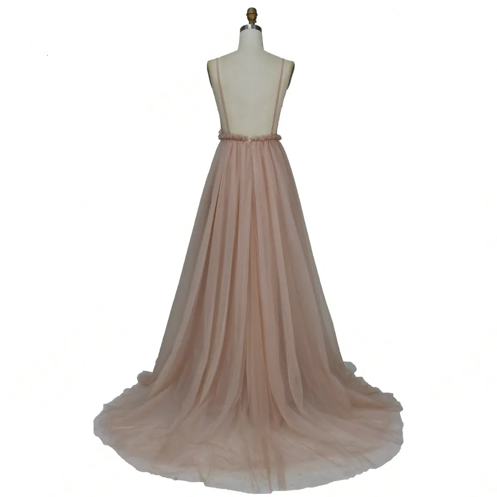 A Line Lace Flowers Tulle Backless Prom Dresses Spaghetti Straps V Neckline 3D Flowers Evening Dresses