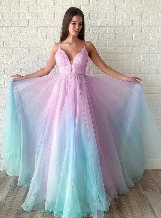 A Line Long Chiffon Prom Dresses Spagheeti Straps ombre Evening Dresses