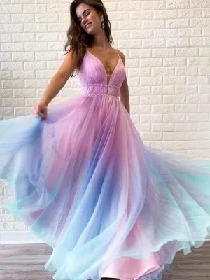 A Line Long Chiffon Prom Dresses Spagheeti Straps ombre Evening Dresses