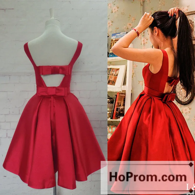 A-Line Sleeveless Red Satin Prom Dresses Homecoming Dresses