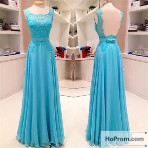 Backless Sleeveless Blue A-Line Prom Dresses Evening Dresses