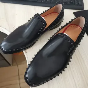 Black Genuine Leather Men Spiked Loafers