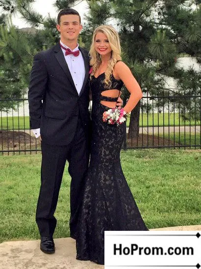 Black Lace Mermaid Long Prom Dresses Evening Dress