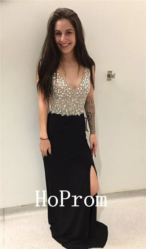 Black Satin Prom Dresses,Crystal Beaded Prom Dress,Evening Dress