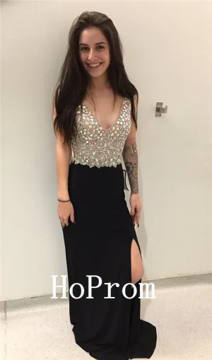 Black Satin Prom Dresses,Crystal Beaded Prom Dress,Evening Dress