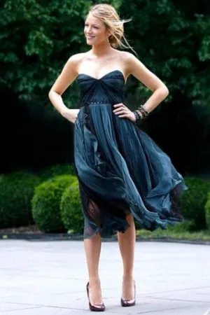 Blue Blake Lively Strapless Prom Celebrity Evening Dress Serena Van Der Woodsen Gossip Girl