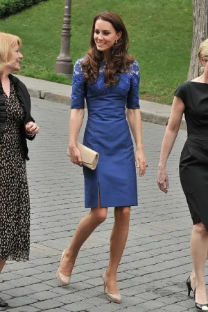 Blue Princess Kate Middleton Half Sleeves Dress Lace Prom Cocktail Celebrity Dress Freedom of the City Ceremony