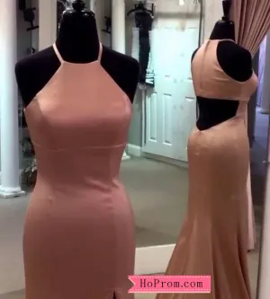 Blush Color Halter Prom Dresses 2018 with Slit