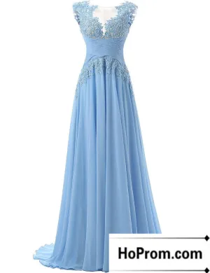 Cap Sleeve Applique Blue Prom Dress Evening Dresses