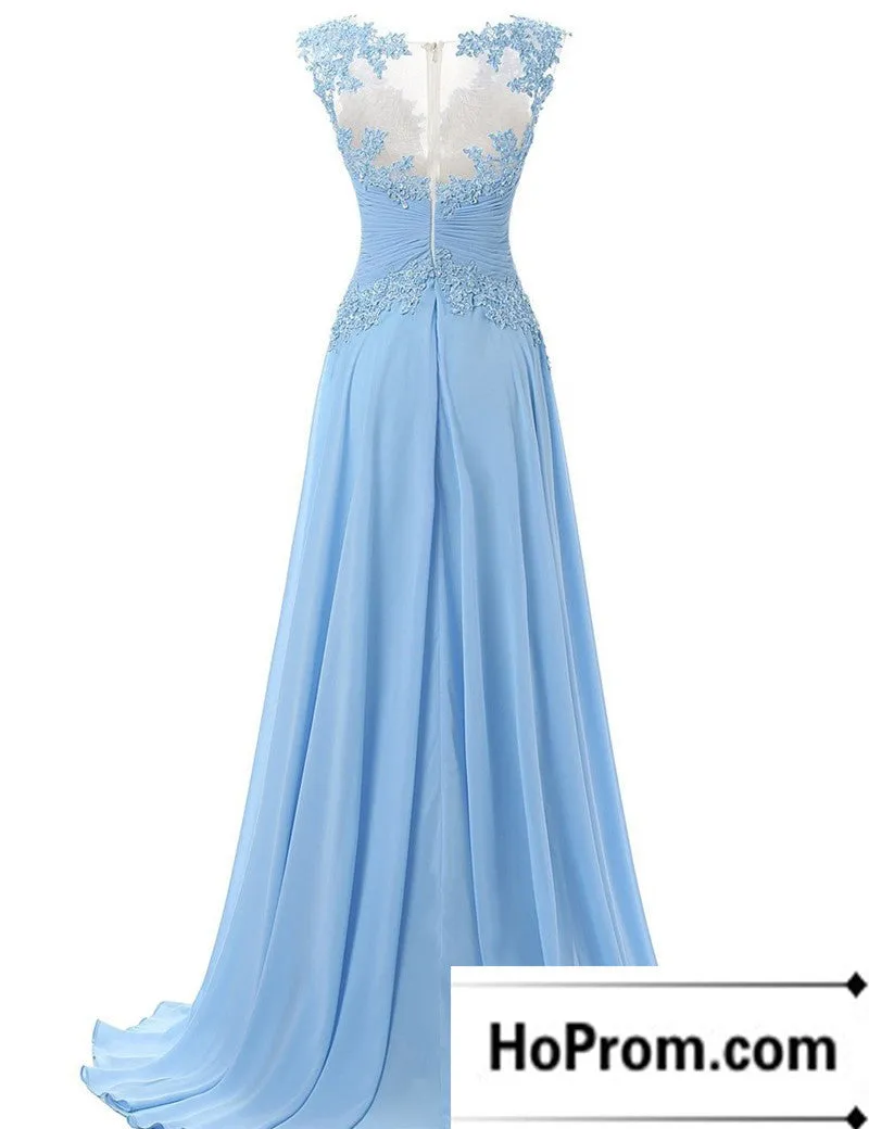 Cap Sleeve Applique Blue Prom Dress Evening Dresses