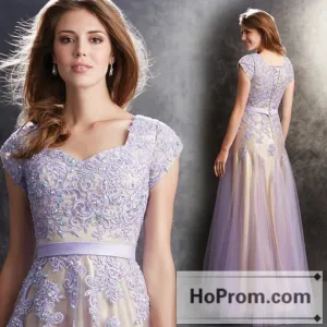 Cap Sleeve Lavender Applique Prom Dresses Evening Dress