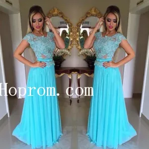 Cap Sleeve Prom Dresses,Blue Applique Prom Dress,Evening Dress