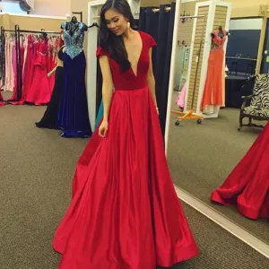 Cap Sleeve V-Neck Red Prom Dresses Evening Dress
