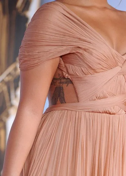 Champagne Demi Lovato Cap Sleeves Ruffled V Neck Dress Off the shoulder Chiffon Prom Celebrity Evening Dress ALMA Awards