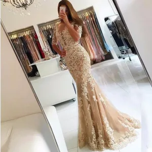 Champagne Lace Mermaid Prom Dresses 2020 Tulle Appliques Backless Evening Dress