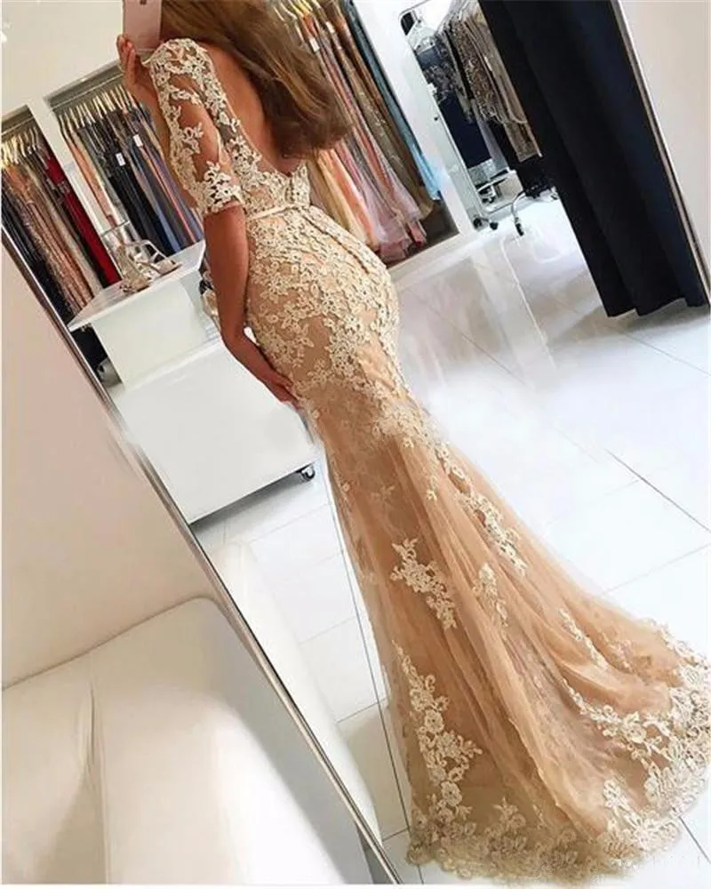 Champagne Lace Mermaid Prom Dresses 2020 Tulle Appliques Backless Evening Dress