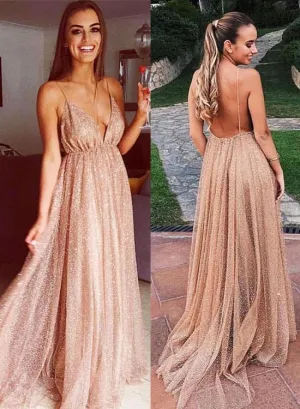 Champagne V Neck Long Prom Dresses Sequins Spaghetti Straps Backless Glitter Evening Dresses
