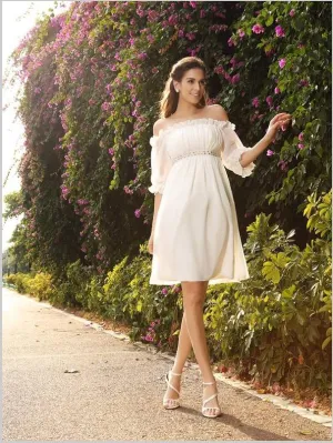 Chiffon Off Shoulder half Sleeves Short Wedding Dresses With Bead-Belt