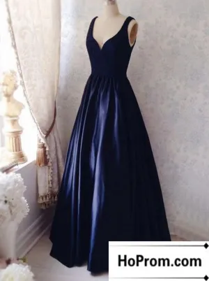 Floor-Length Ruched Navy Blue Prom Dresses Evening Dress