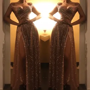 Gold Metallic Glitter Sexy Prom Dresses Off the Shoulder Evening Dresses