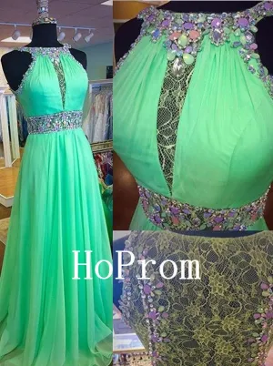 Green Chiffon Prom Dresses,Lace Prom Dress,Evening Dress