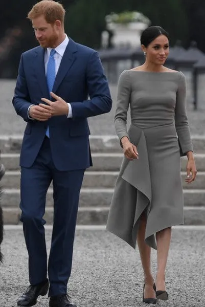 Grey Meghan Markle Long Sleeves Asymmetrical Prom Celebrity Dress Style Cocktail Outfit Visit to Ireland
