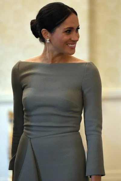 Grey Meghan Markle Long Sleeves Asymmetrical Prom Celebrity Dress Style Cocktail Outfit Visit to Ireland