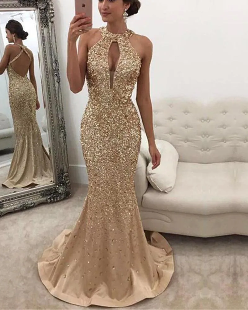 Halter Heavy Beading Glitter Prom Dresses Mermaid Open Back Evening Dress Sale