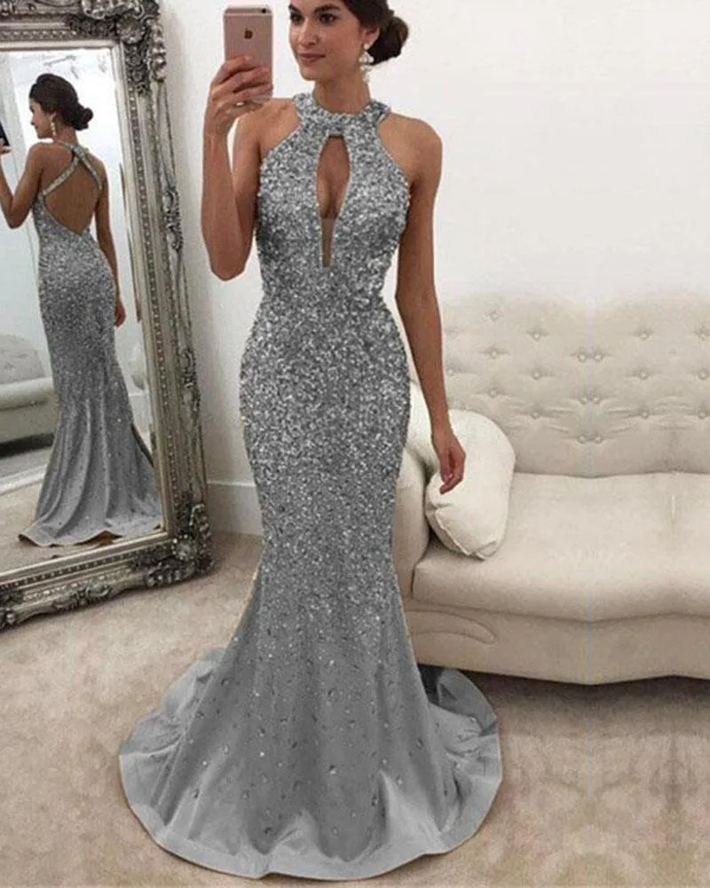 Halter Heavy Beading Glitter Prom Dresses Mermaid Open Back Evening Dress Sale