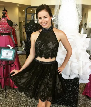 Homecoming Dress， Black Two Pieces Lace Halter Short Sexy Homecoming Dress