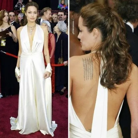 Ivory Angelina Jolie Halter V Neck Dress Satin Prom Celebrity Red Carpet Evening Gown Dress Oscars