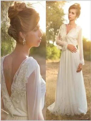 Lace Chiffon Princess V-neck Wedding Dresses,Long Sleeves Train Wedding Dresses