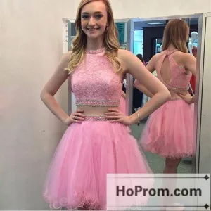 Lace Pink Two Piece Prom Dresses Homecoming Dresses