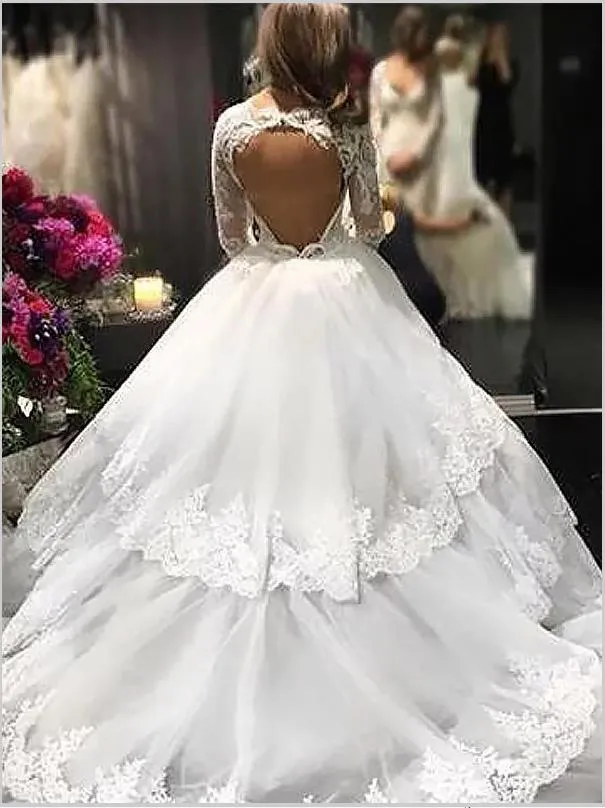 Lace Tulle V-neck Long Sleeves Wedding Dresses Court Train Ball Gown