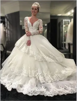 Lace Tulle V-neck Long Sleeves Wedding Dresses Court Train Ball Gown