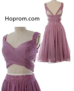 Long Chiffon Homehoming Dress, Pink Two Pieces Open Back Homehoming Dress