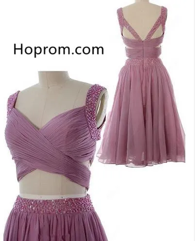 Long Chiffon Homehoming Dress, Pink Two Pieces Open Back Homehoming Dress