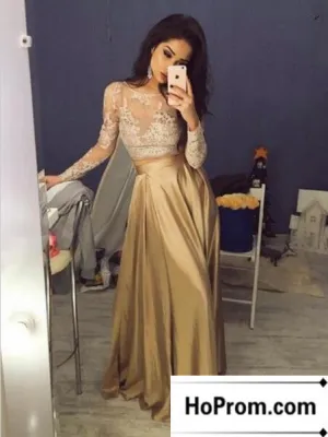 Long Sleeve A-Line Gold Prom Dress Evening Dresses