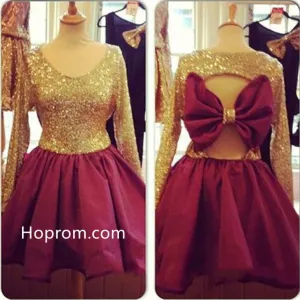 Long Sleeve Homecoming Dress, Gold Sequins Bow Back Cute Prom Dress
