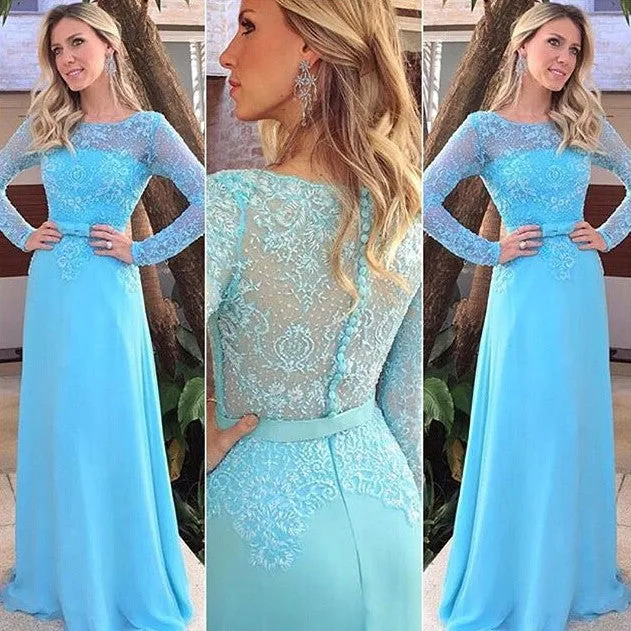 Long Sleeve Lace Blue Long Prom Dresses Evening Dress