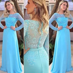 Long Sleeve Lace Blue Long Prom Dresses Evening Dress