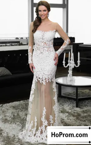 Long Sleeve White Applique Prom Dress Evening Dresses