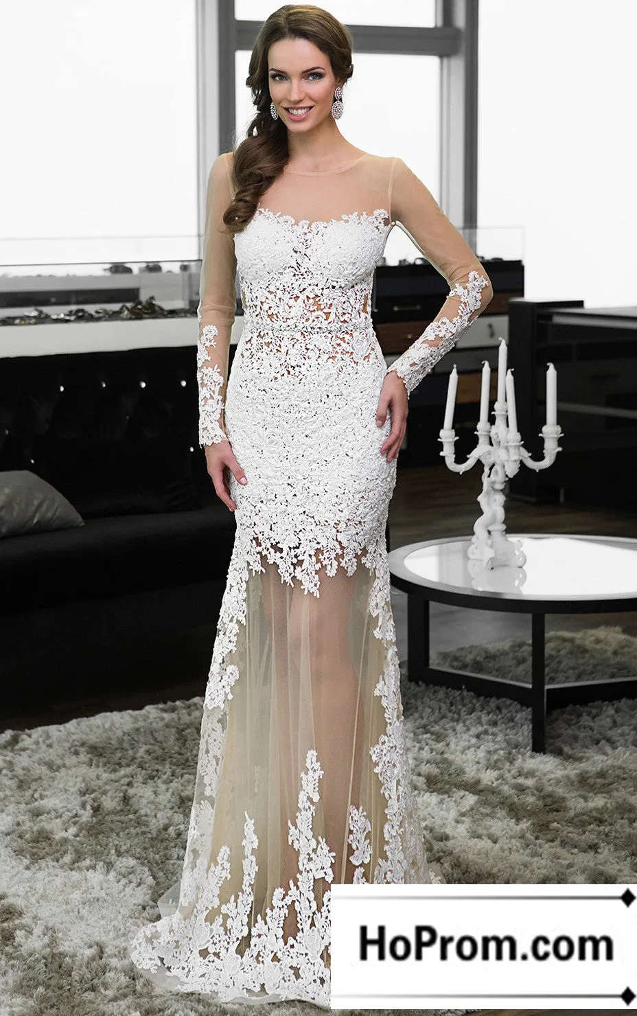 Long Sleeve White Applique Prom Dress Evening Dresses