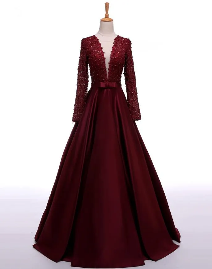 Long Sleeves Deep V Neck A Line Prom Dresses Open Back Lace Evening Party Dress