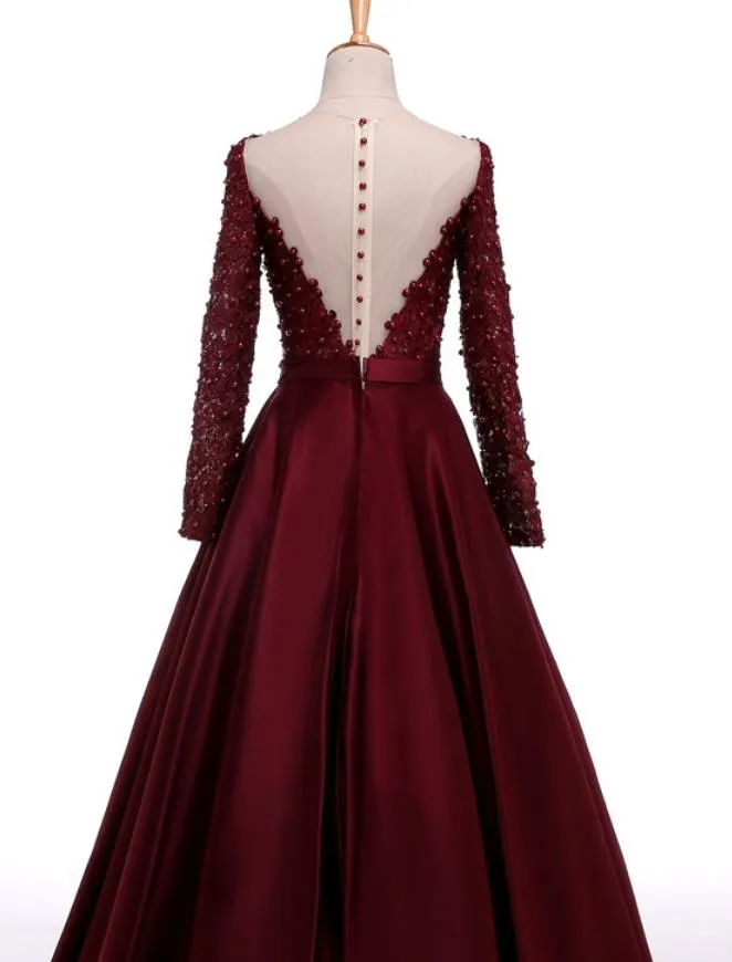 Long Sleeves Deep V Neck A Line Prom Dresses Open Back Lace Evening Party Dress