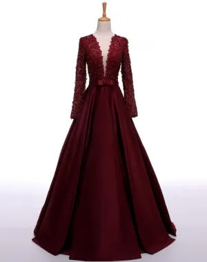 Long Sleeves Deep V Neck A Line Prom Dresses Open Back Lace Evening Party Dress